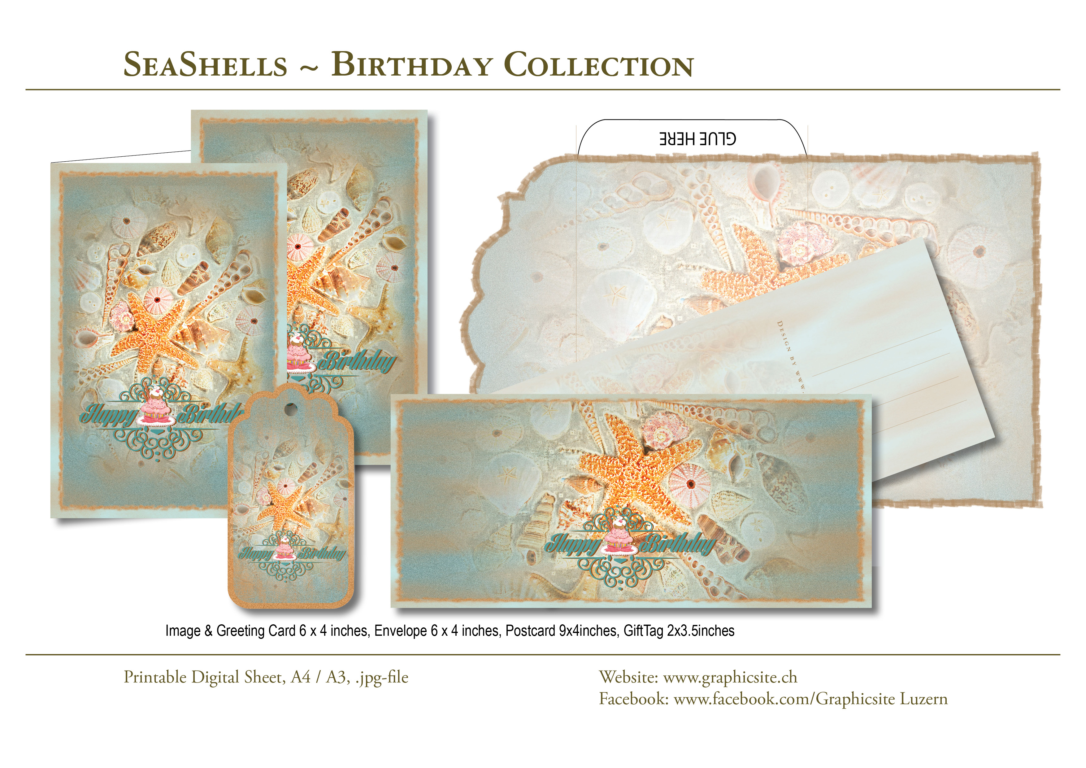 Karten selber basteln - Geburtstagskollektion - SeaShells - #geburtstagskarten, #grusskarten, #muscheln, #postkarten, #geschenksetiketten, #kuvert,